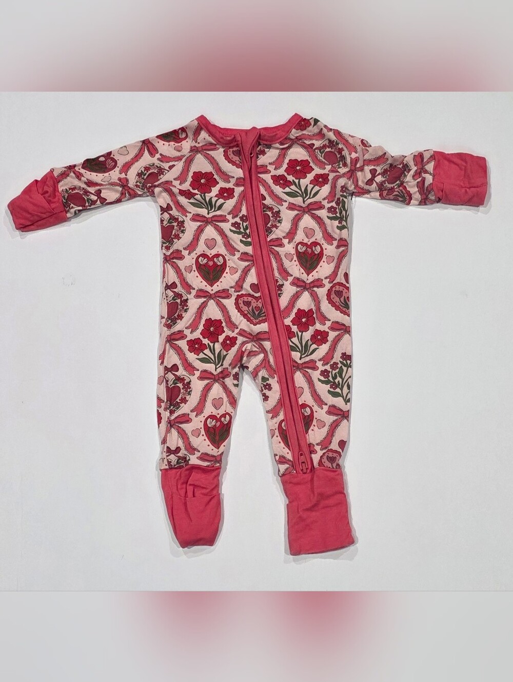 Pink Floral & Heart Footed One-Piece Pajama Preemie
